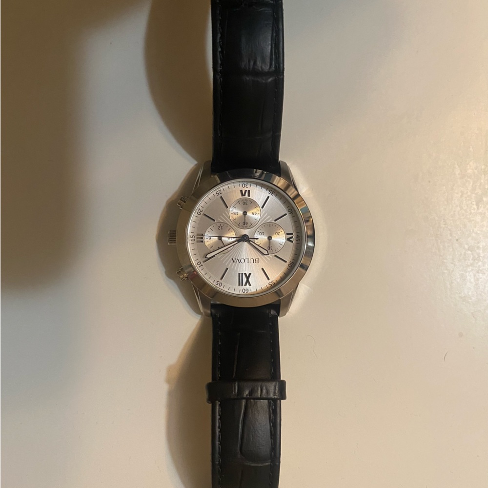 Bulova 96A162 Silver Tone Chronograph Dial Black Leather Strap Mens Watch
